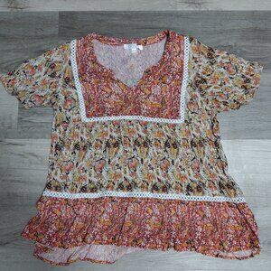 Women's Tunic Top Floral Pink Paisley Pattern with Doily Lace-up Frame Medium